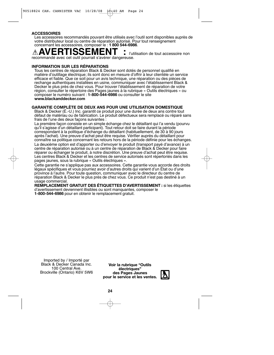 Avertissement | Black & Decker VN2200 User Manual | Page 24 / 36