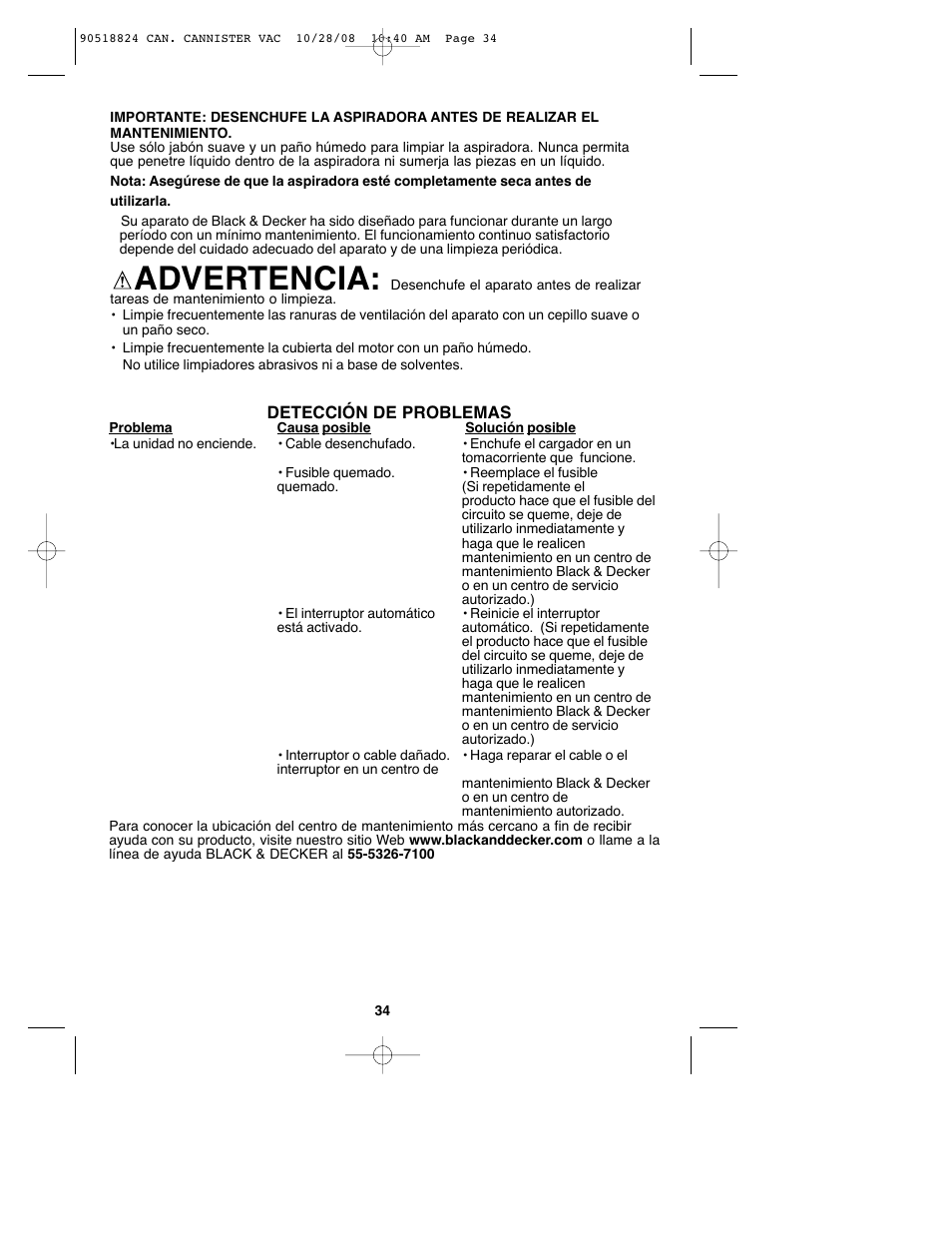 Advertencia | Black & Decker VN2200 User Manual | Page 34 / 36