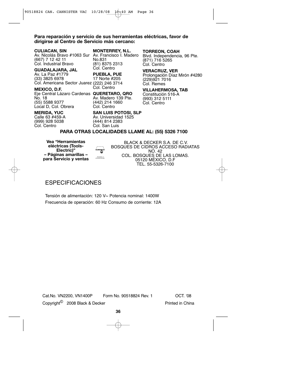 Especificaciones | Black & Decker VN2200 User Manual | Page 36 / 36