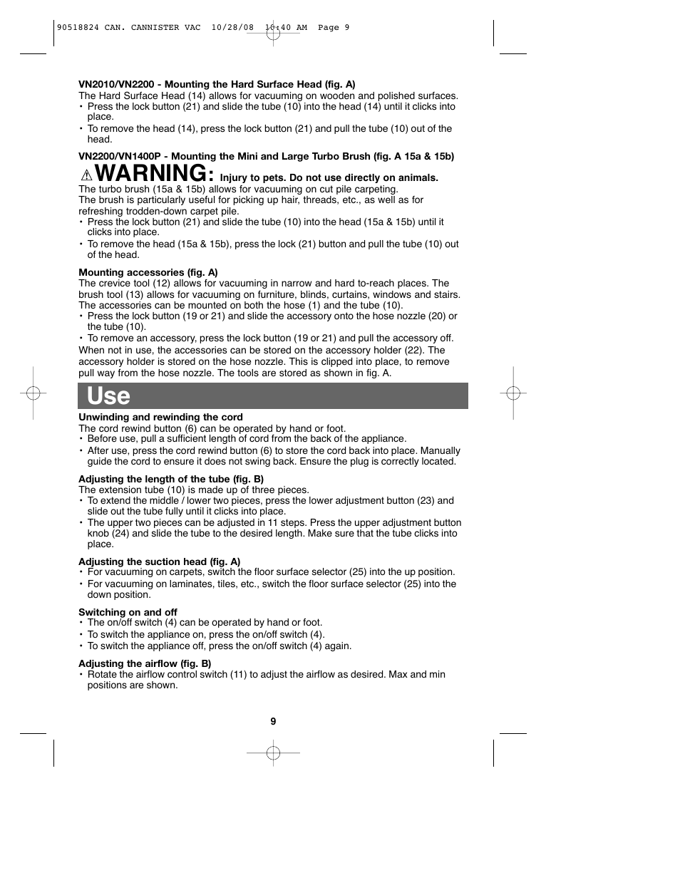 Warning | Black & Decker VN2200 User Manual | Page 9 / 36