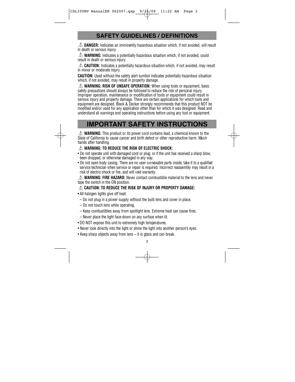 Important safety instructions, Safety guidelines / definitions | Black & Decker SPORTSPOT 90519934 User Manual | Page 3 / 7
