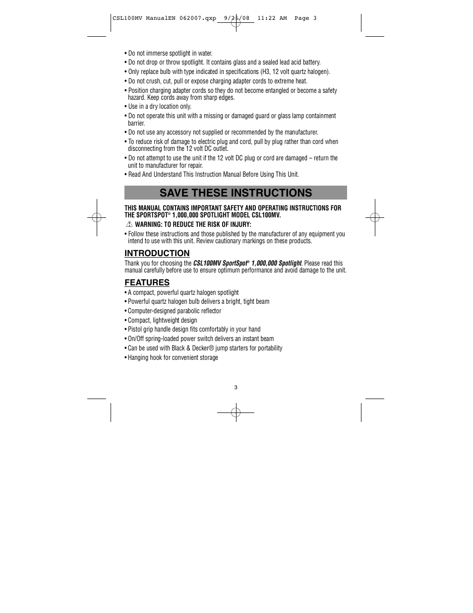 Save these instructions | Black & Decker SPORTSPOT 90519934 User Manual | Page 4 / 7