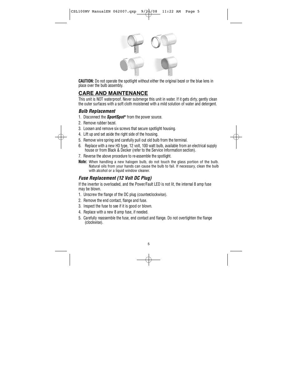 Care and maintenance | Black & Decker SPORTSPOT 90519934 User Manual | Page 6 / 7