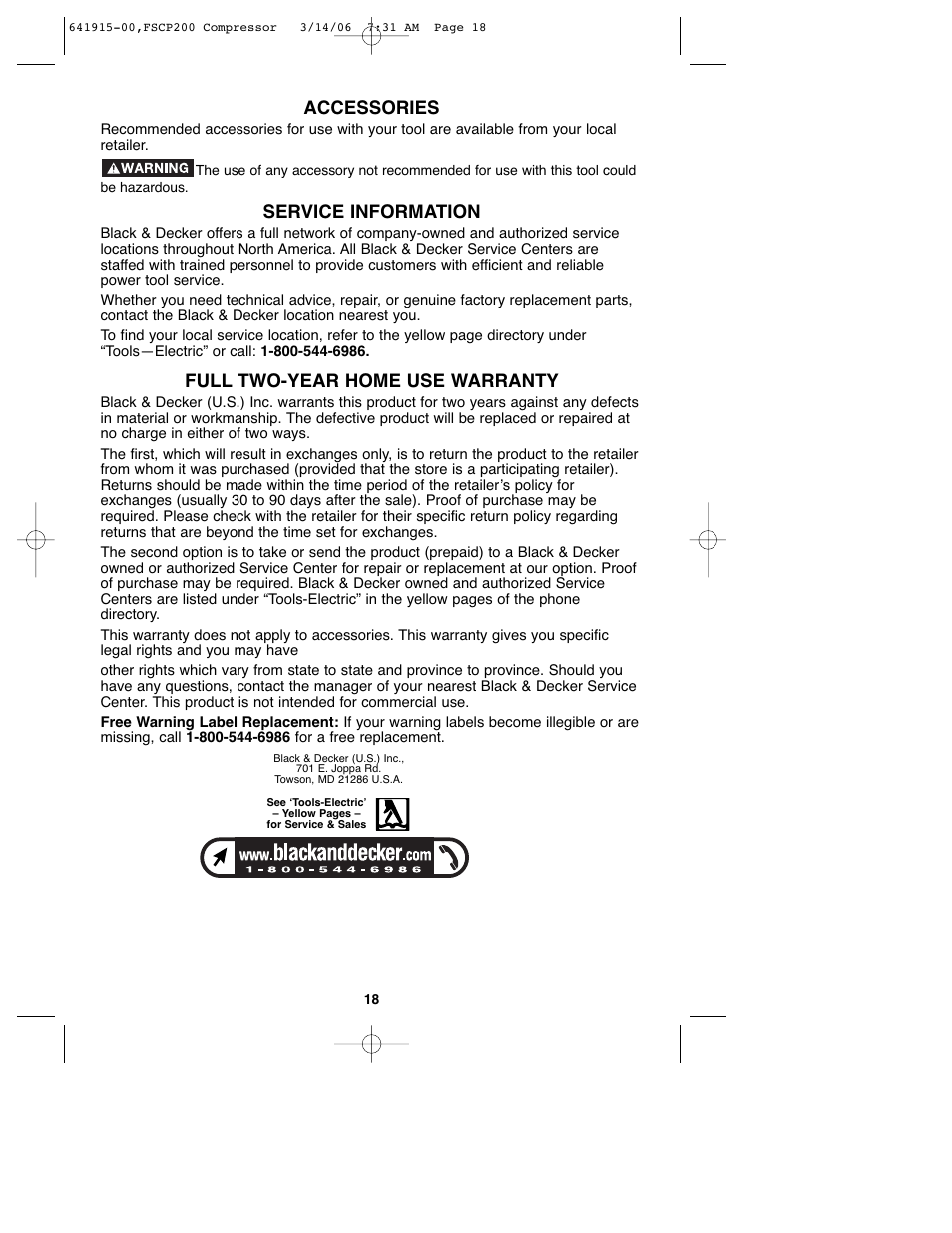 Accessories, Service information, Full two-year home use warranty | Black & Decker 641915-00 User Manual | Page 18 / 51