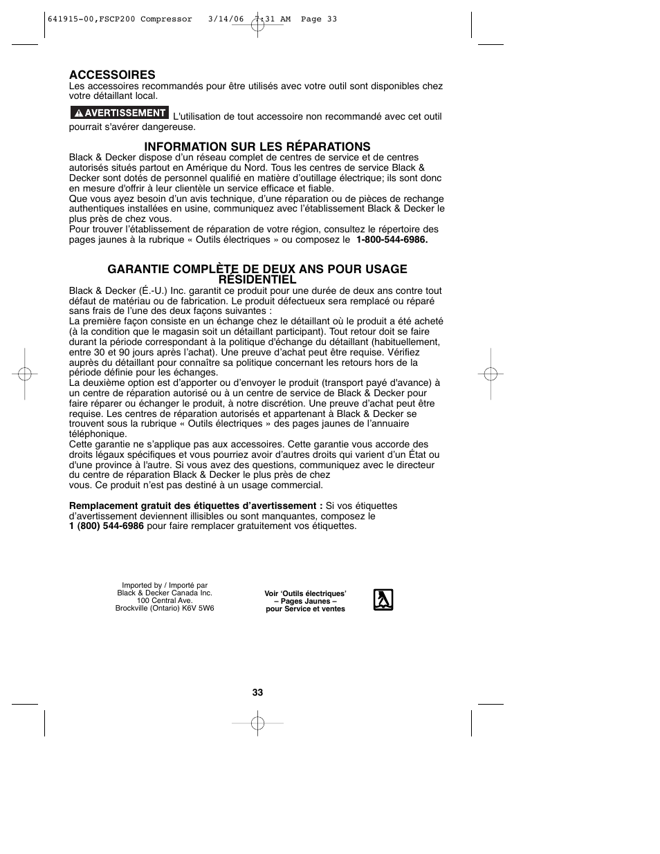 Accessoires, Information sur les réparations | Black & Decker 641915-00 User Manual | Page 33 / 51