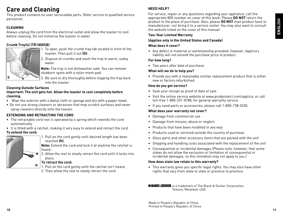 Care and cleaning | Black & Decker TR1200SB User Manual | Page 6 / 15
