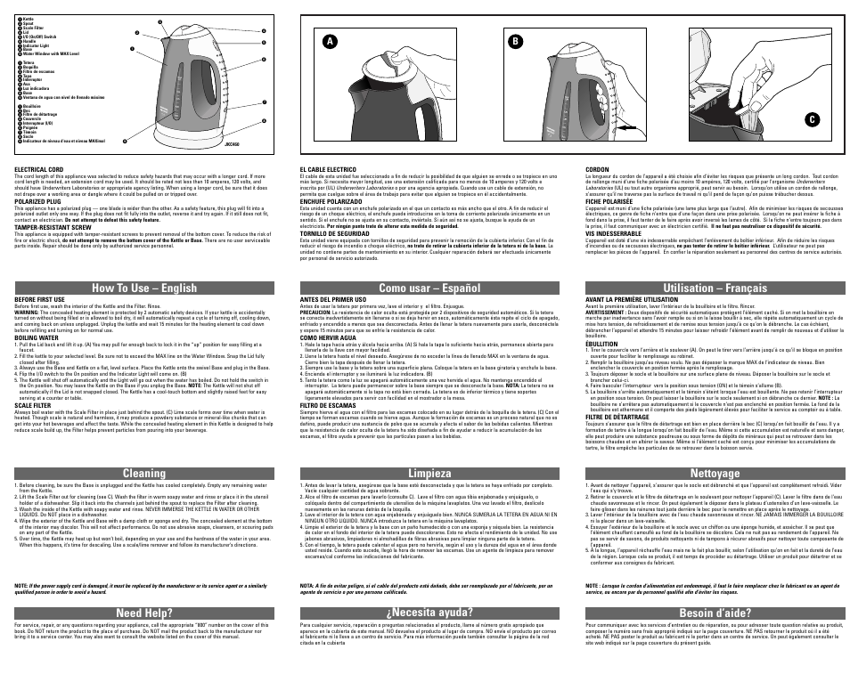How to use – english, Need help, Besoin d’aide | Necesita ayuda, Ab c | Black & Decker SMARTBOIL JKC460 User Manual | Page 2 / 2