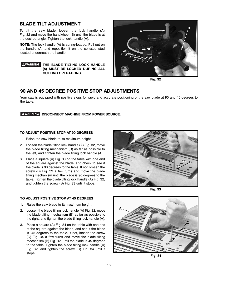 Blade tilt adjustment, 90 and 45 degree positive stop adjustments | Black & Decker 90521029 User Manual | Page 16 / 60
