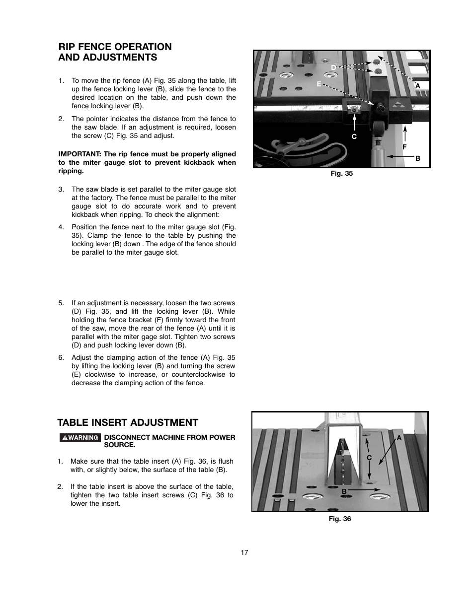 Rip fence operation and adjustments, Table insert adjustment | Black & Decker 90521029 User Manual | Page 17 / 60