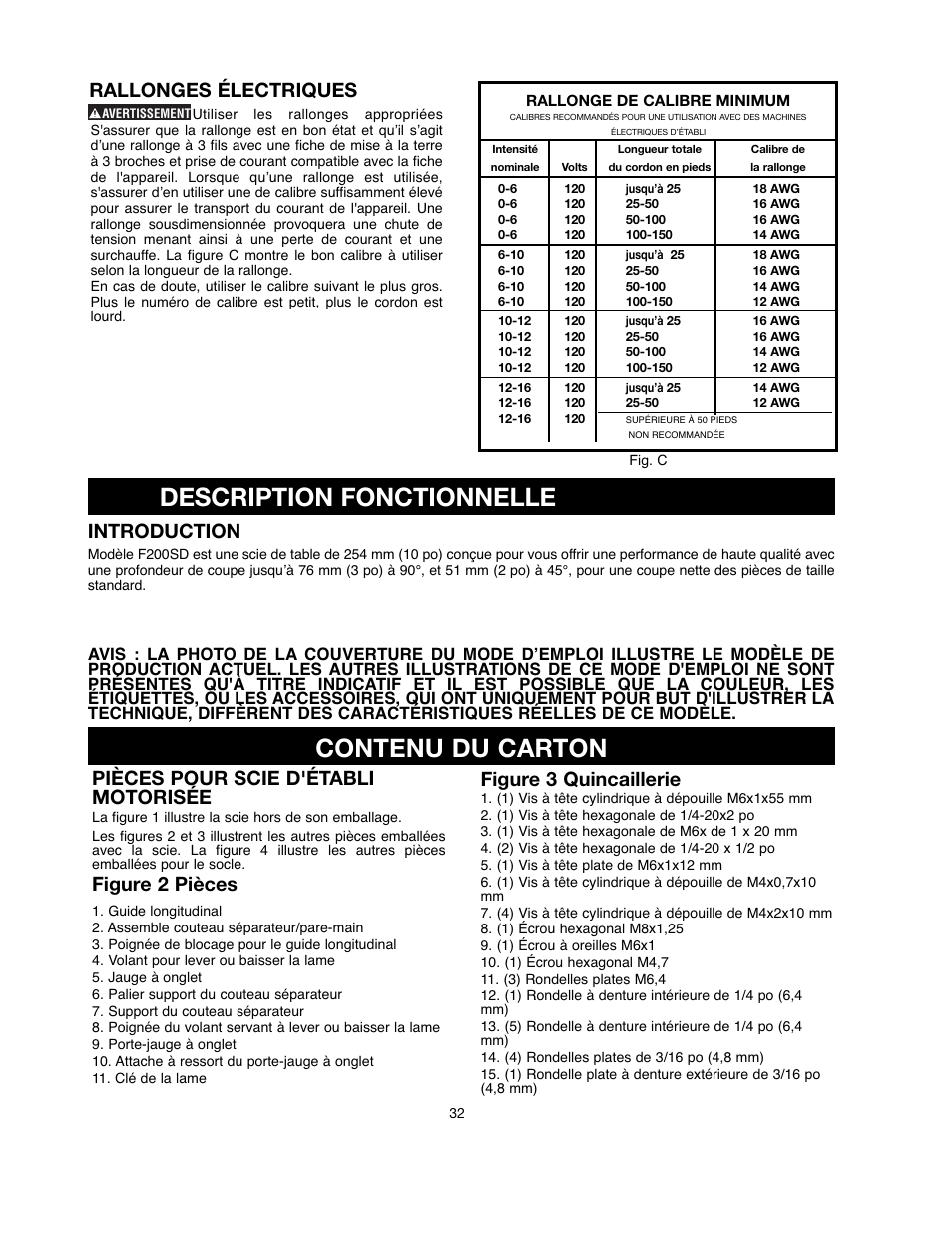 Description fonctionnelle, Contenu du carton, Figure 3 quincaillerie | Introduction, Rallonges électriques, Pièces pour scie d'établi motorisée, Figure 2 pièces | Black & Decker 90521029 User Manual | Page 32 / 60