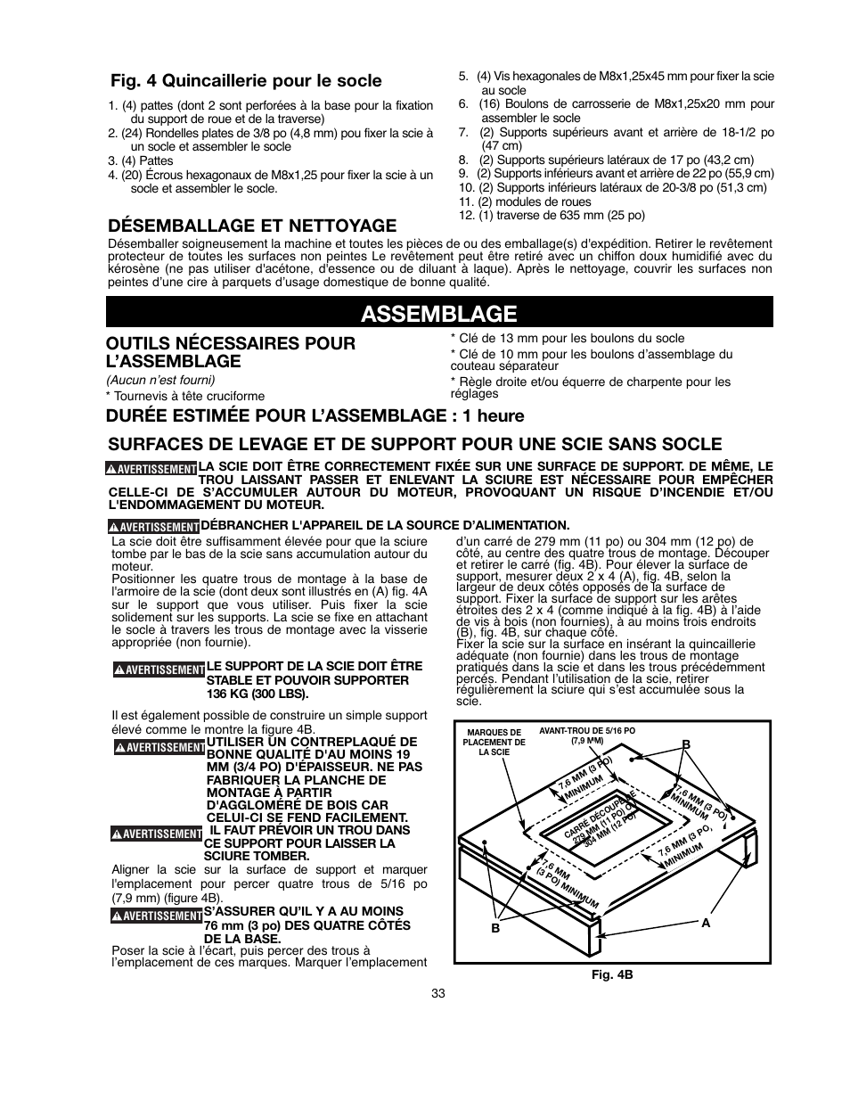 Assemblage, Désemballage et nettoyage, Outils nécessaires pour l’assemblage | Durée estimée pour l’assemblage : 1 heure, Fig. 4 quincaillerie pour le socle | Black & Decker 90521029 User Manual | Page 33 / 60
