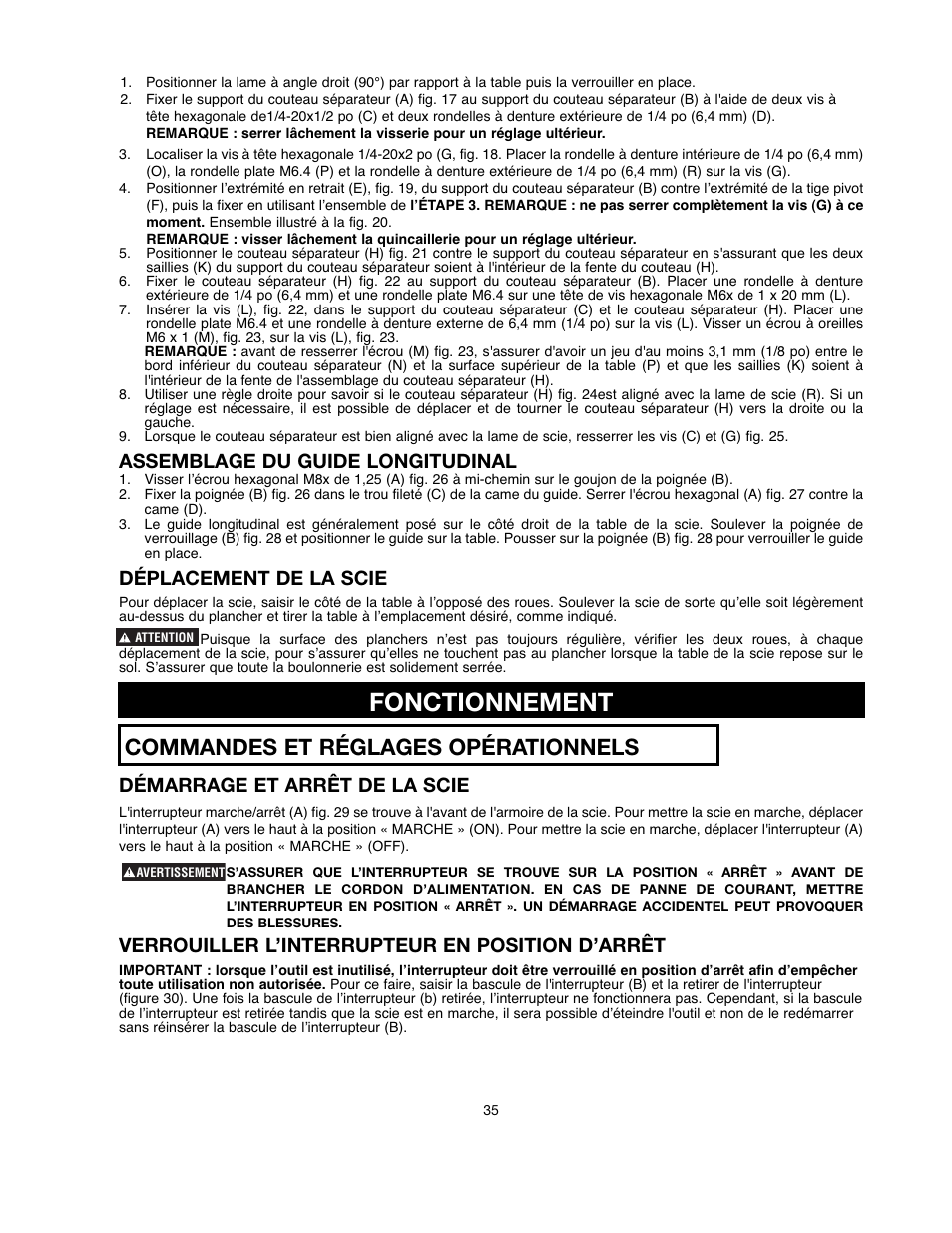 Fonctionnement, Commandes et réglages opérationnels, Assemblage du guide longitudinal | Déplacement de la scie, Démarrage et arrêt de la scie, Verrouiller l’interrupteur en position d’arrêt | Black & Decker 90521029 User Manual | Page 35 / 60