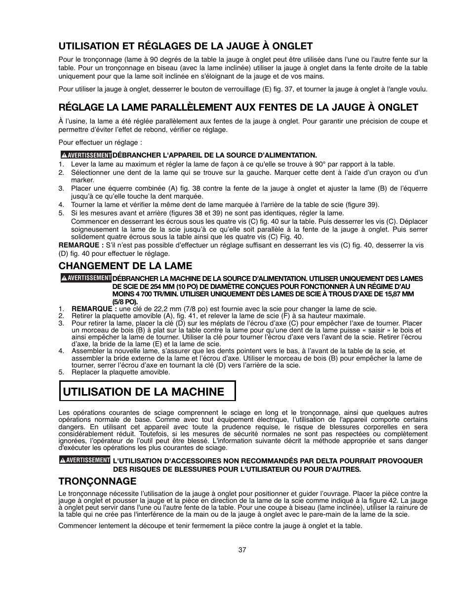 Utilisation de la machine, Utilisation et réglages de la jauge à onglet, Changement de la lame | Tronçonnage | Black & Decker 90521029 User Manual | Page 37 / 60