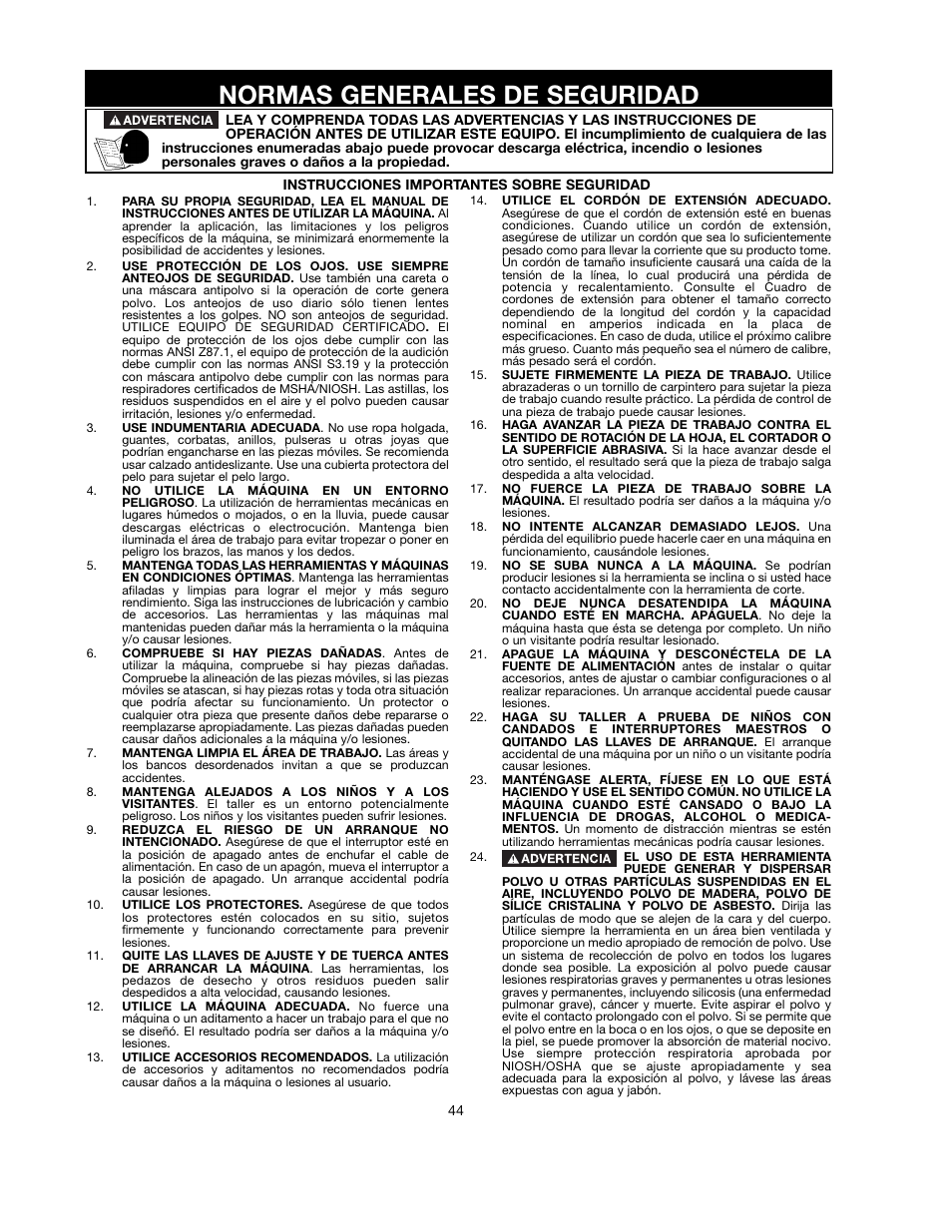 Normas generales de seguridad | Black & Decker 90521029 User Manual | Page 44 / 60