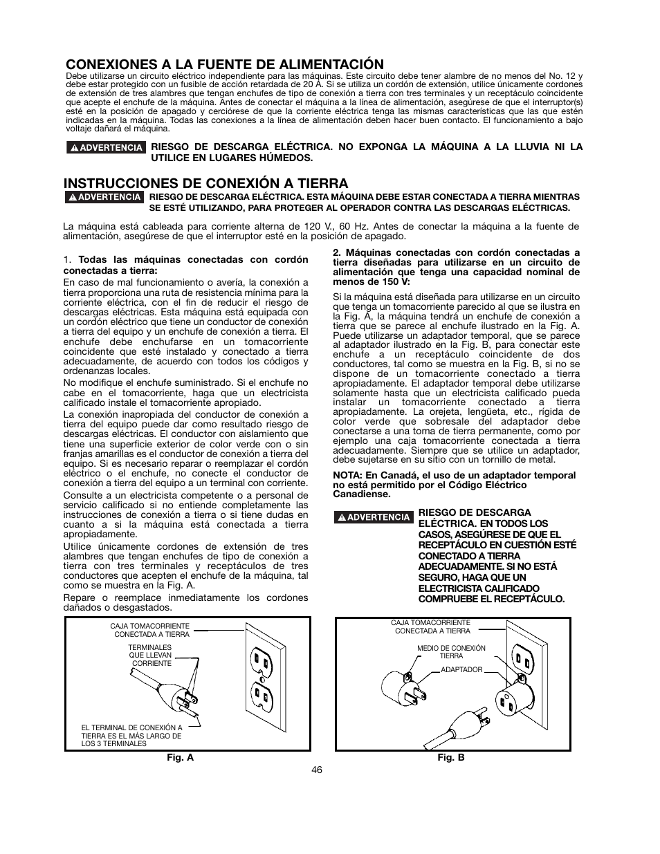 Conexiones a la fuente de alimentación, Instrucciones de conexión a tierra | Black & Decker 90521029 User Manual | Page 46 / 60