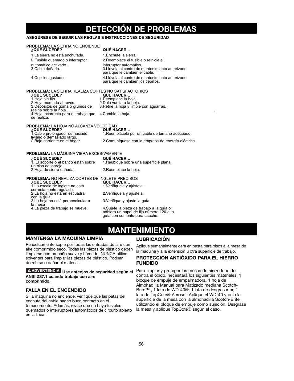 Detección de problemas mantenimiento | Black & Decker 90521029 User Manual | Page 56 / 60