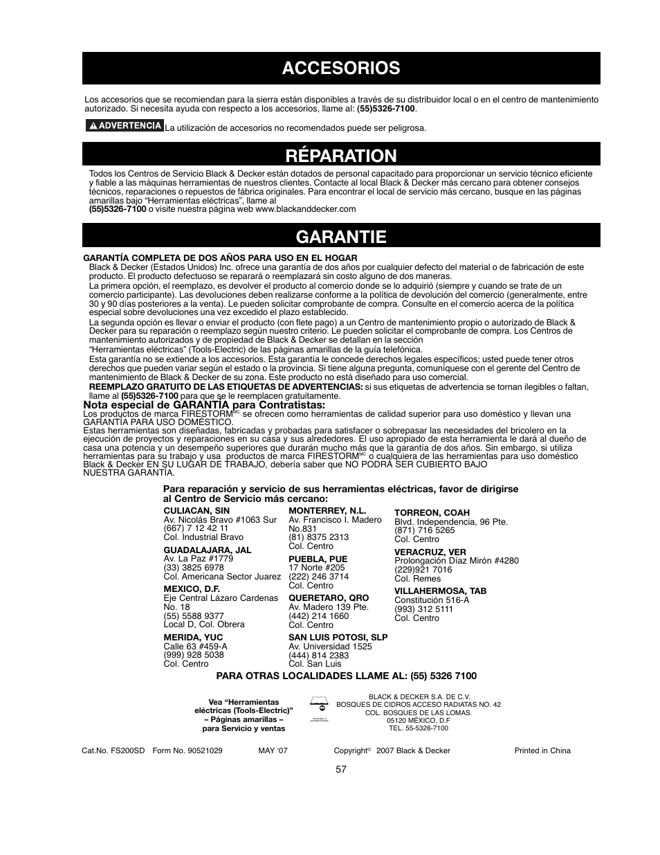 Réparation garantie, Accesorios | Black & Decker 90521029 User Manual | Page 57 / 60