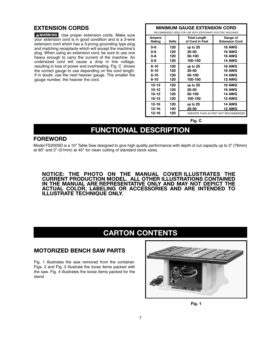 Functional description, Carton contents, Foreword | Extension cords, Motorized bench saw parts | Black & Decker 90521029 User Manual | Page 7 / 60