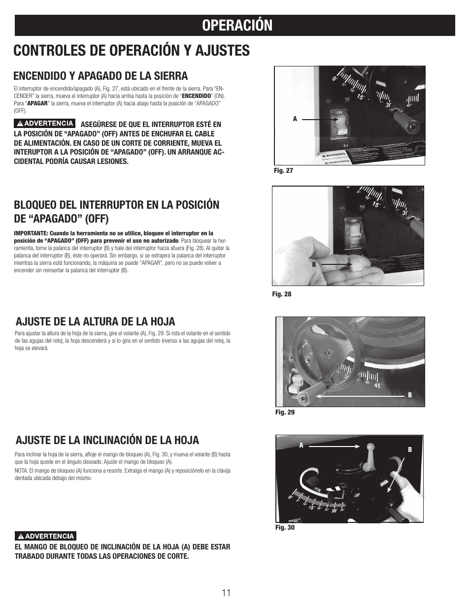 Operación controles de operación y ajustes, Encendido y apagado de la sierra | Black & Decker BT1800 User Manual | Page 11 / 52