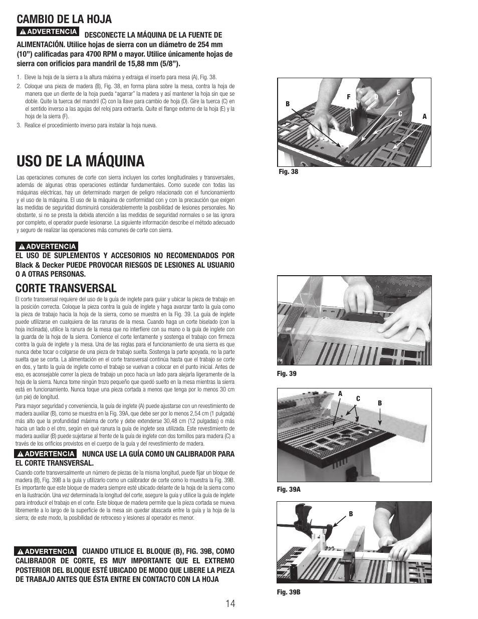 Uso de la máquina, Cambio de la hoja, Corte transversal | Black & Decker BT1800 User Manual | Page 14 / 52