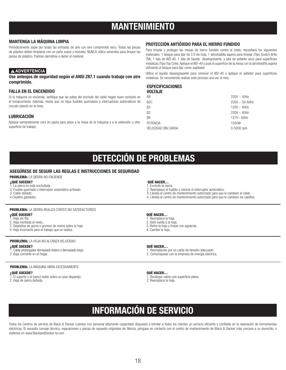 Detección de problemas información de servicio, Mantenimiento | Black & Decker BT1800 User Manual | Page 18 / 52