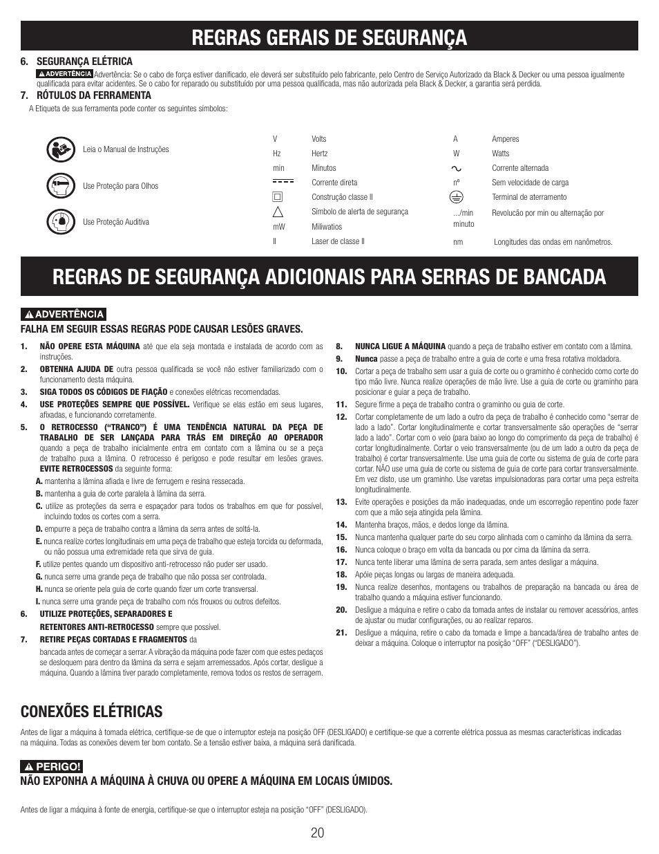 Regras gerais de segurança, Conexões elétricas | Black & Decker BT1800 User Manual | Page 20 / 52
