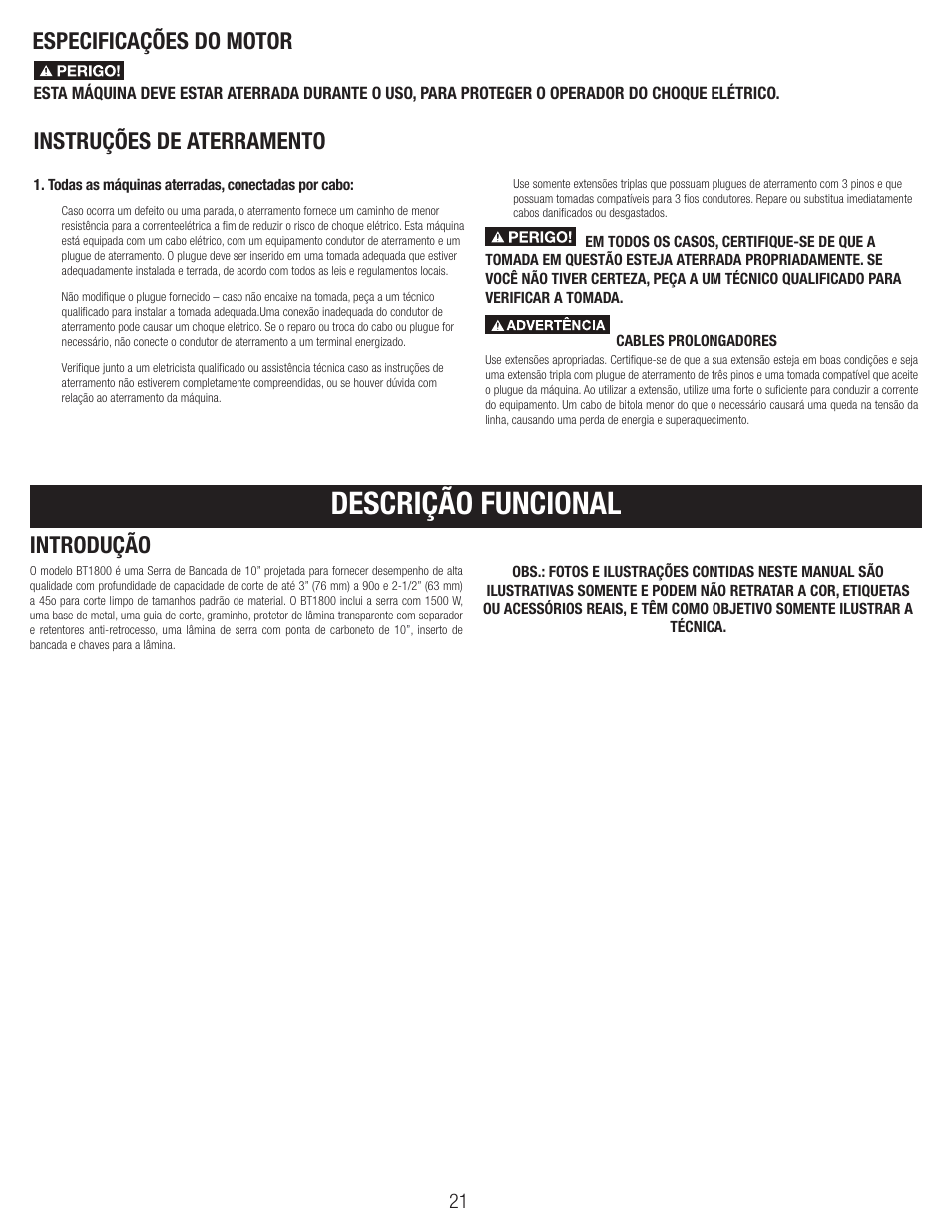 Descrição funcional, Instruções de aterramento introdução, Especificações do motor | Black & Decker BT1800 User Manual | Page 21 / 52