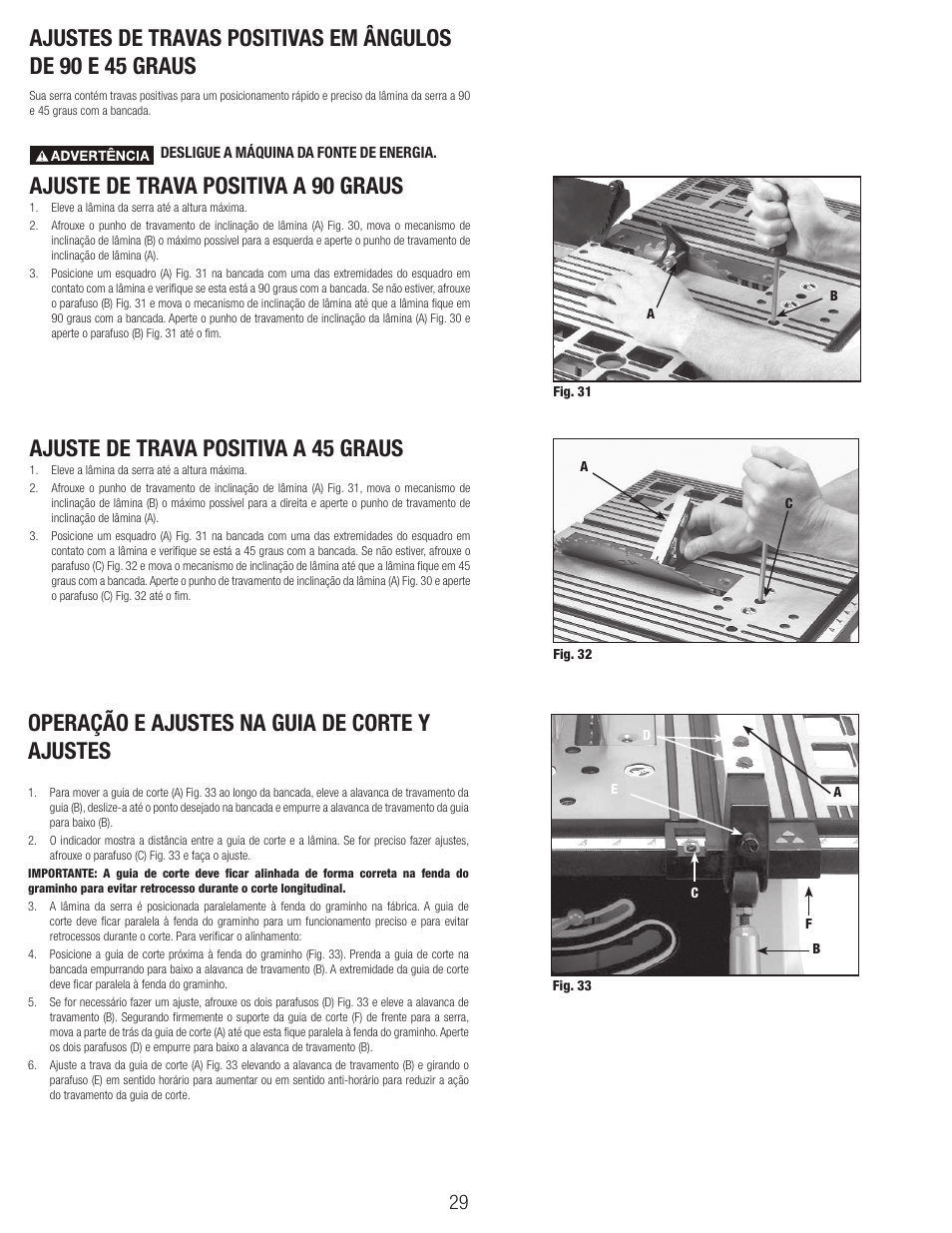 Ajuste de trava positiva a 90 graus, Ajuste de trava positiva a 45 graus, Operação e ajustes na guia de corte y ajustes | Black & Decker BT1800 User Manual | Page 29 / 52