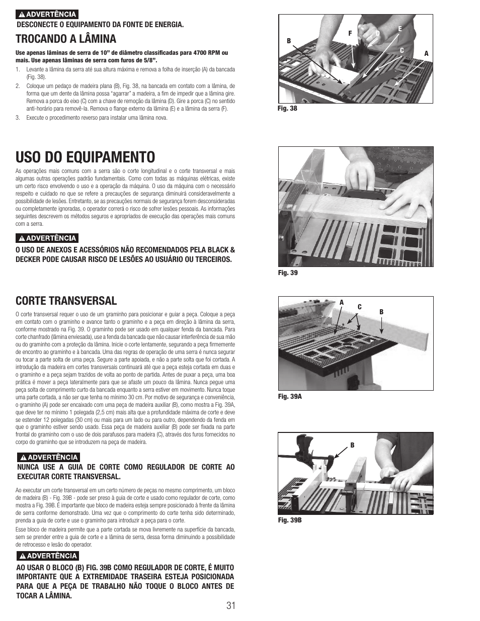 Uso do equipamento, Trocando a lâmina, Corte transversal | Black & Decker BT1800 User Manual | Page 31 / 52