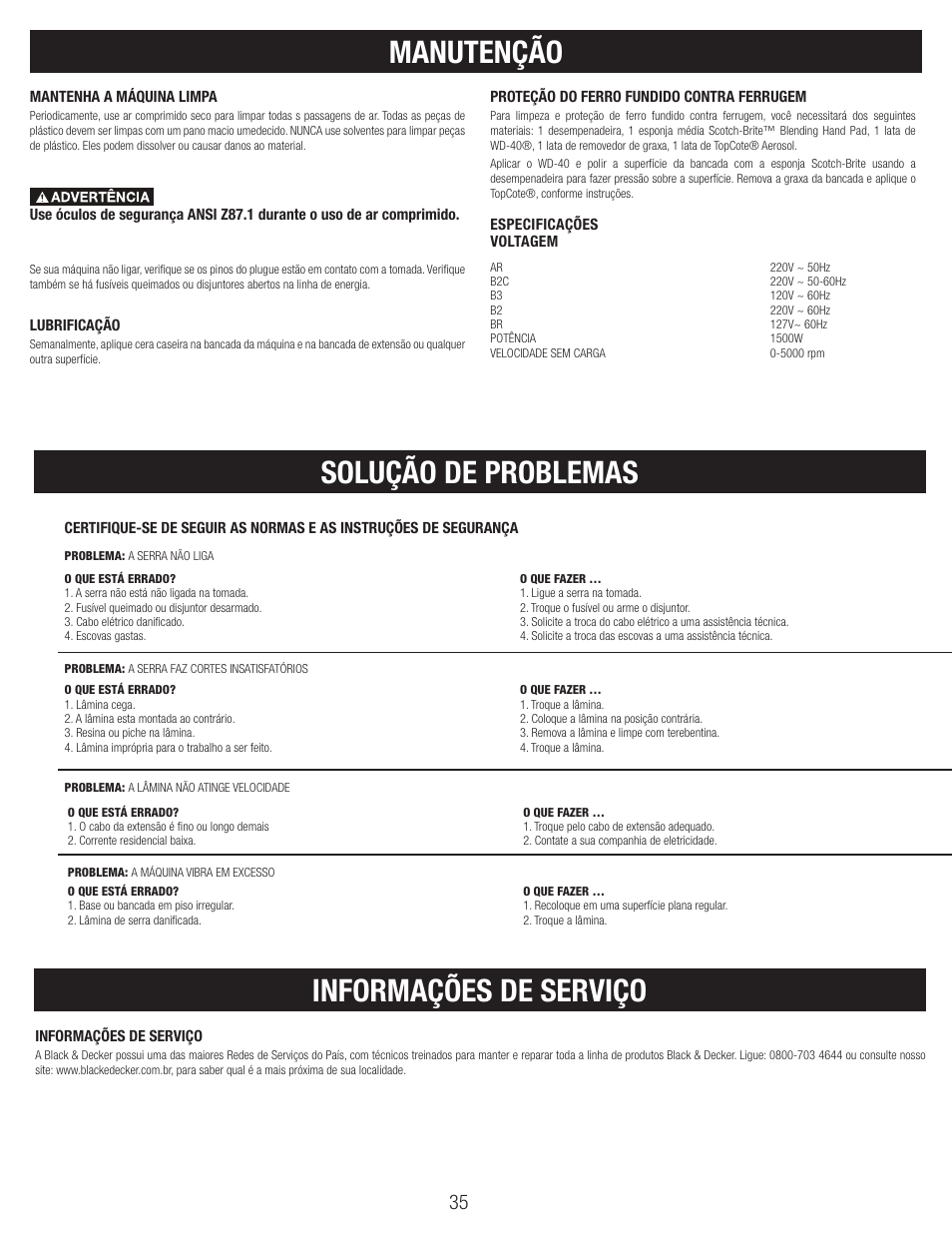 Manutenção, Informações de serviço solução de problemas | Black & Decker BT1800 User Manual | Page 35 / 52
