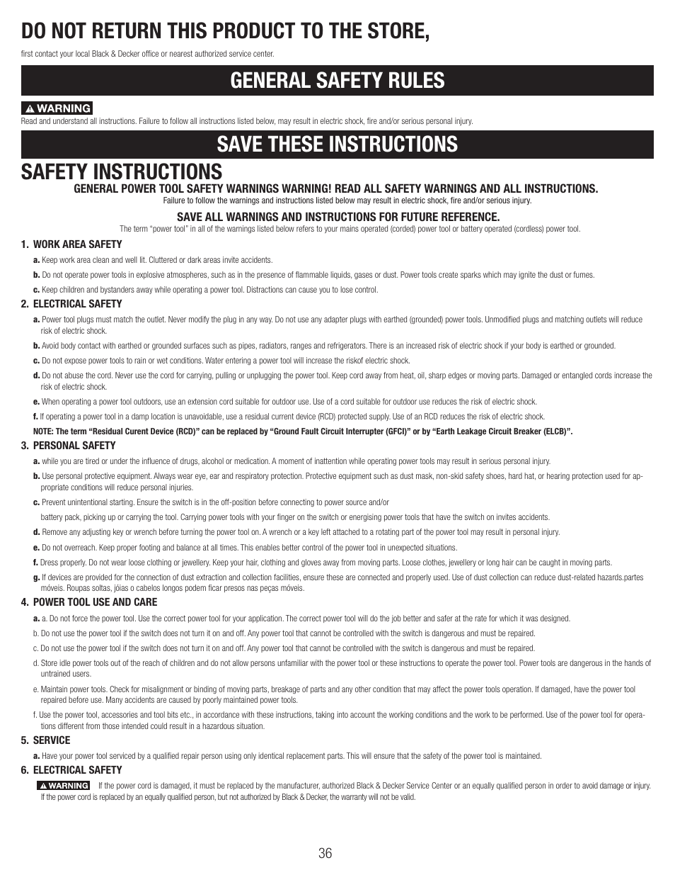 Do not return this product to the store | Black & Decker BT1800 User Manual | Page 36 / 52