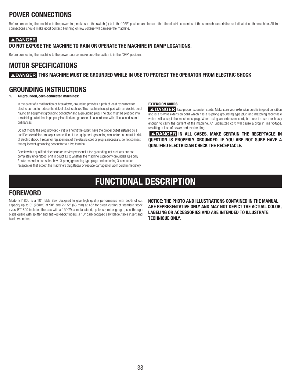 Functional description, Power connections | Black & Decker BT1800 User Manual | Page 38 / 52