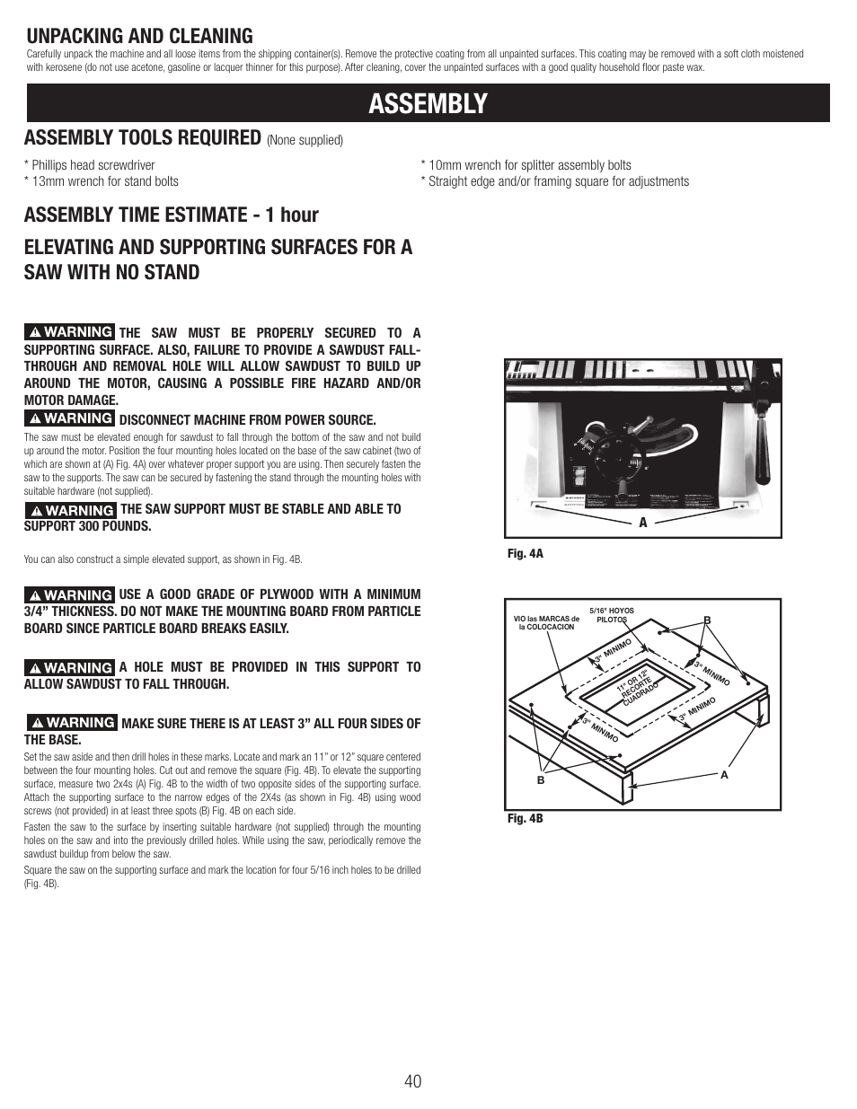 Assembly, Unpacking and cleaning assembly tools required, None supplied) | Fig. 4a fig. 4b | Black & Decker BT1800 User Manual | Page 40 / 52
