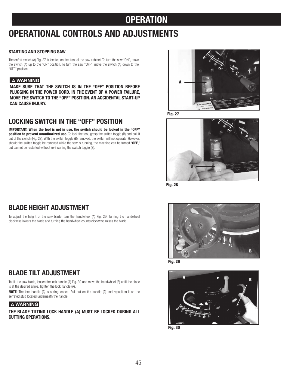Operation operational controls and adjustments, Locking switch in the “off” position, Blade height adjustment | Blade tilt adjustment | Black & Decker BT1800 User Manual | Page 45 / 52