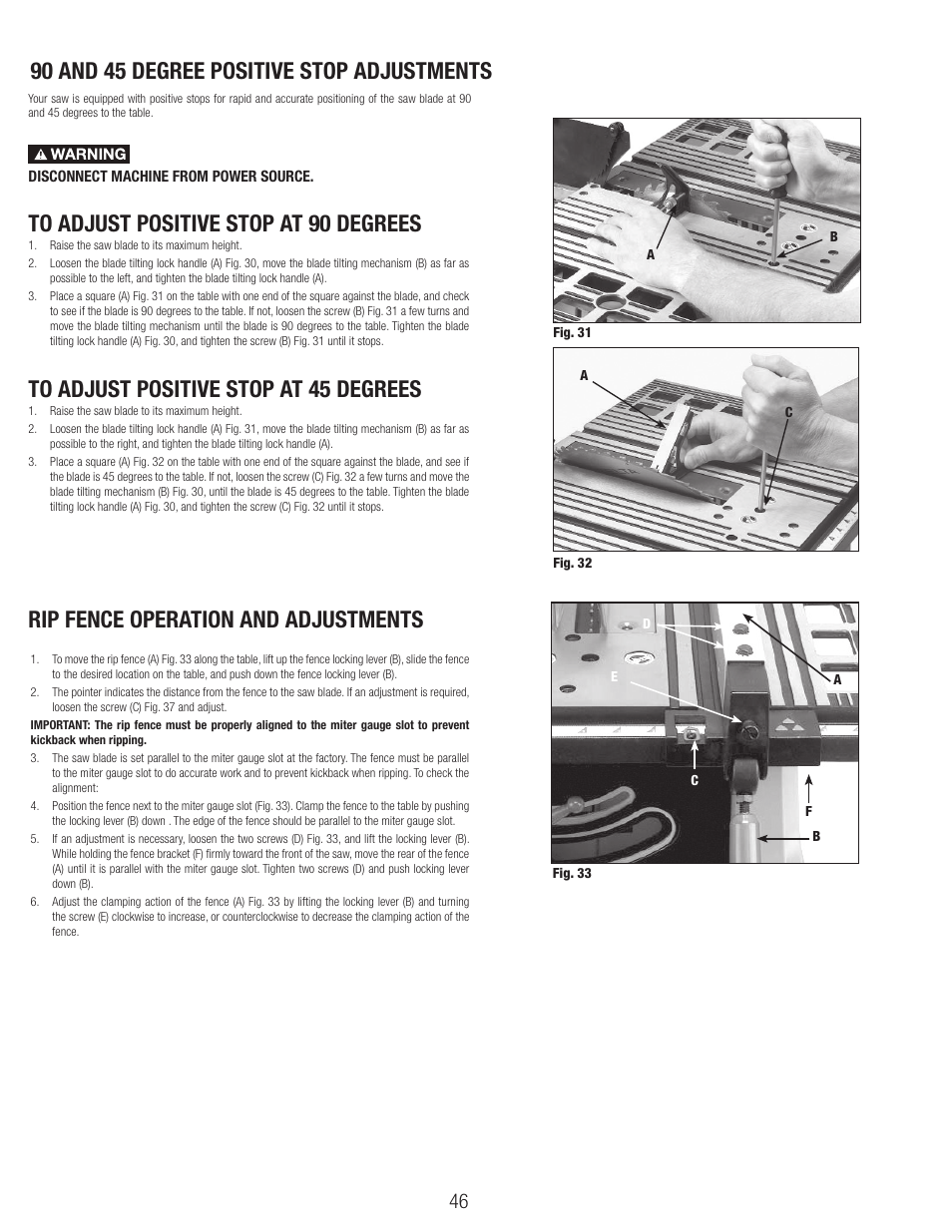 Rip fence operation and adjustments, 90 and 45 degree positive stop adjustments | Black & Decker BT1800 User Manual | Page 46 / 52