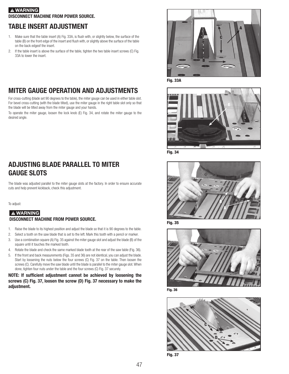 Adjusting blade parallel to miter gauge slots | Black & Decker BT1800 User Manual | Page 47 / 52