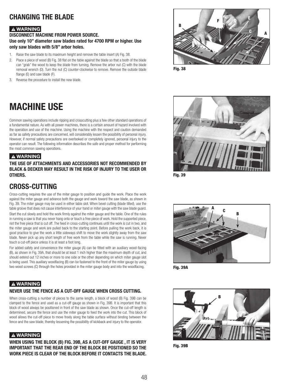Machine use, Changing the blade, Cross-cutting | Black & Decker BT1800 User Manual | Page 48 / 52