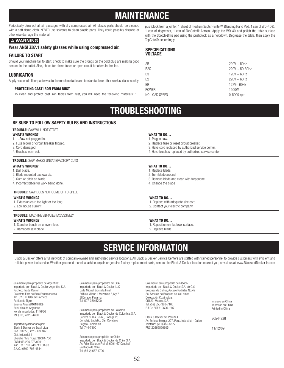 Maintenance, Troubleshooting service information | Black & Decker BT1800 User Manual | Page 52 / 52