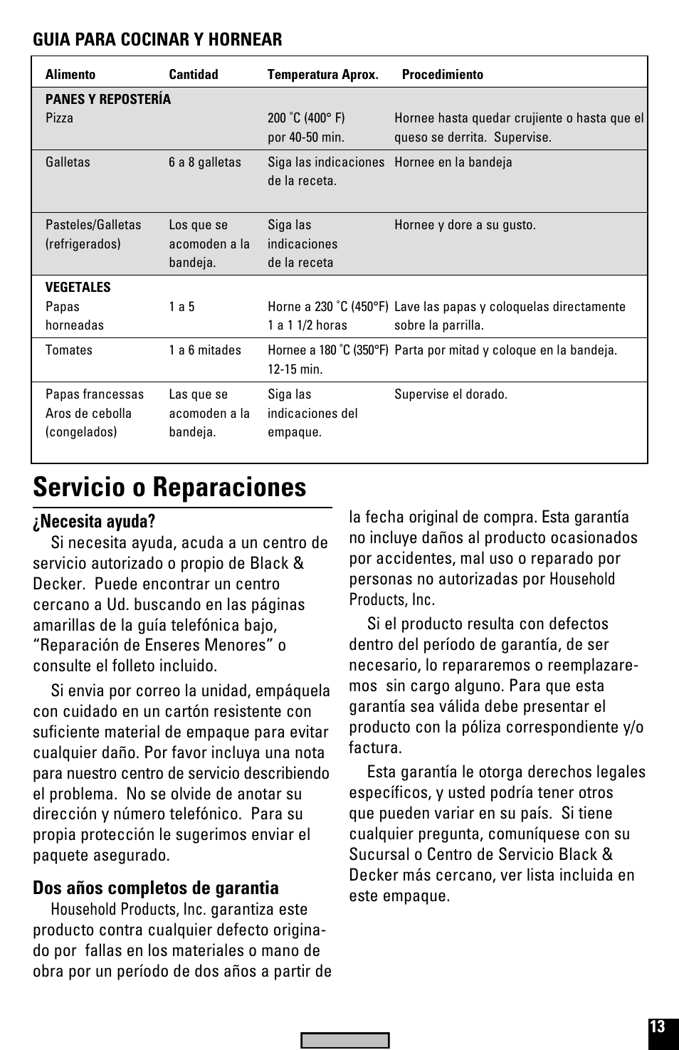 Servicio, Servicio o reparaciones, Necesita ayuda | Dos años completos de garantia, Guia para cocinar y hornear | Black & Decker TRO520 User Manual | Page 13 / 20