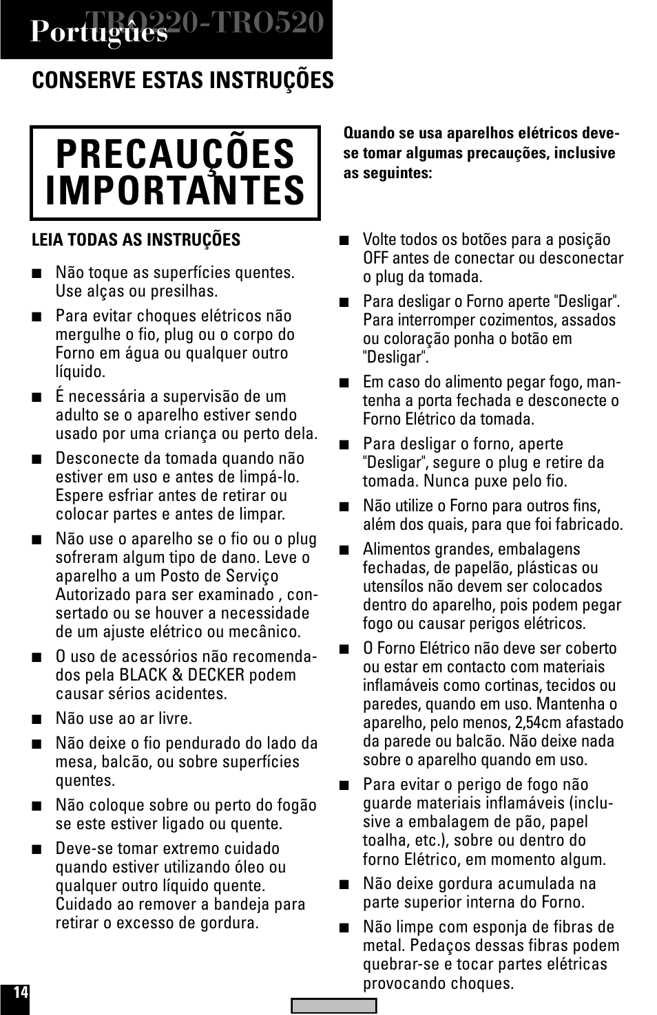 Precaucoes, Eletrônico, Forno elétrico | Grelha, Precauções importantes, Conserve estas instruções | Black & Decker TRO520 User Manual | Page 14 / 20