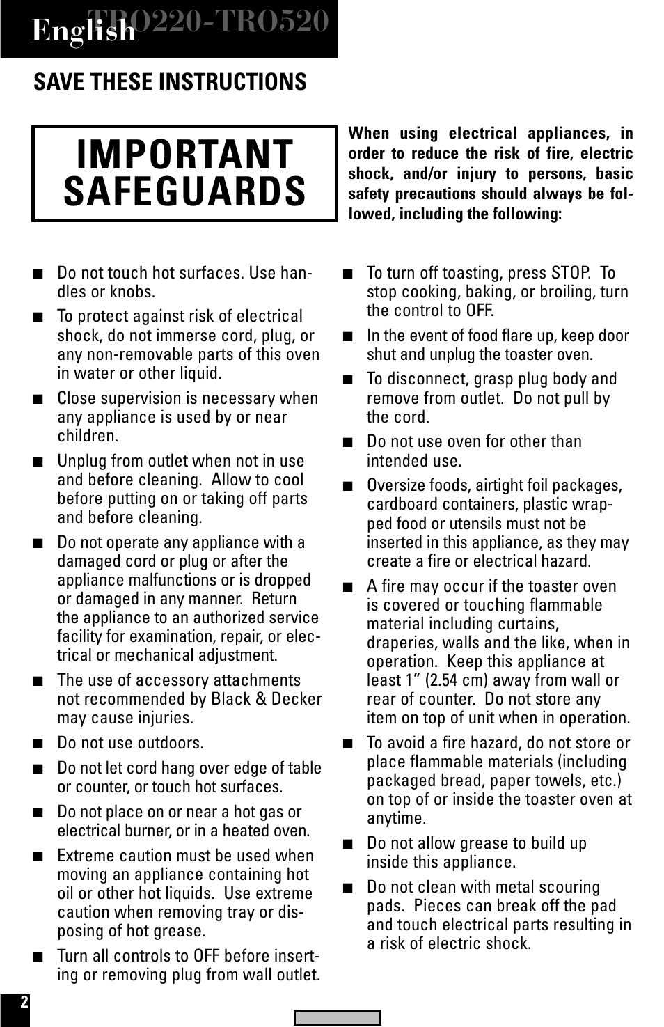 Safegaurds, Electronic, Toast-r-oven | Broiler, Important safeguards, Save these instructions | Black & Decker TRO520 User Manual | Page 2 / 20