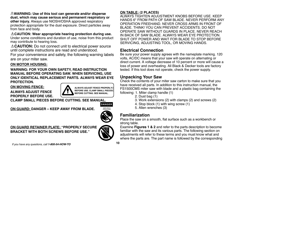 Electrical connection, Unpacking your saw, Familiarization | Black & Decker Fire Storm FS1500CMS User Manual | Page 10 / 47