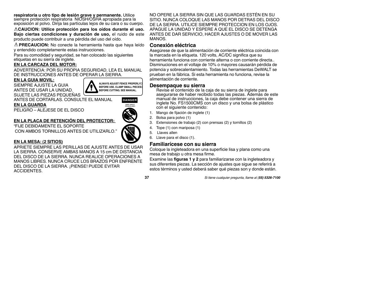 Conexión eléctrica, Desempaque su sierra, Familiarícese con su sierra | Black & Decker Fire Storm FS1500CMS User Manual | Page 37 / 47