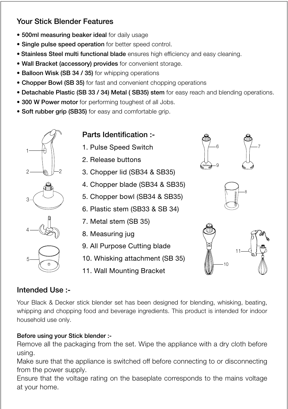 Parts identification, Your stick blender features, Intended use | Black & Decker SB34 User Manual | Page 3 / 12