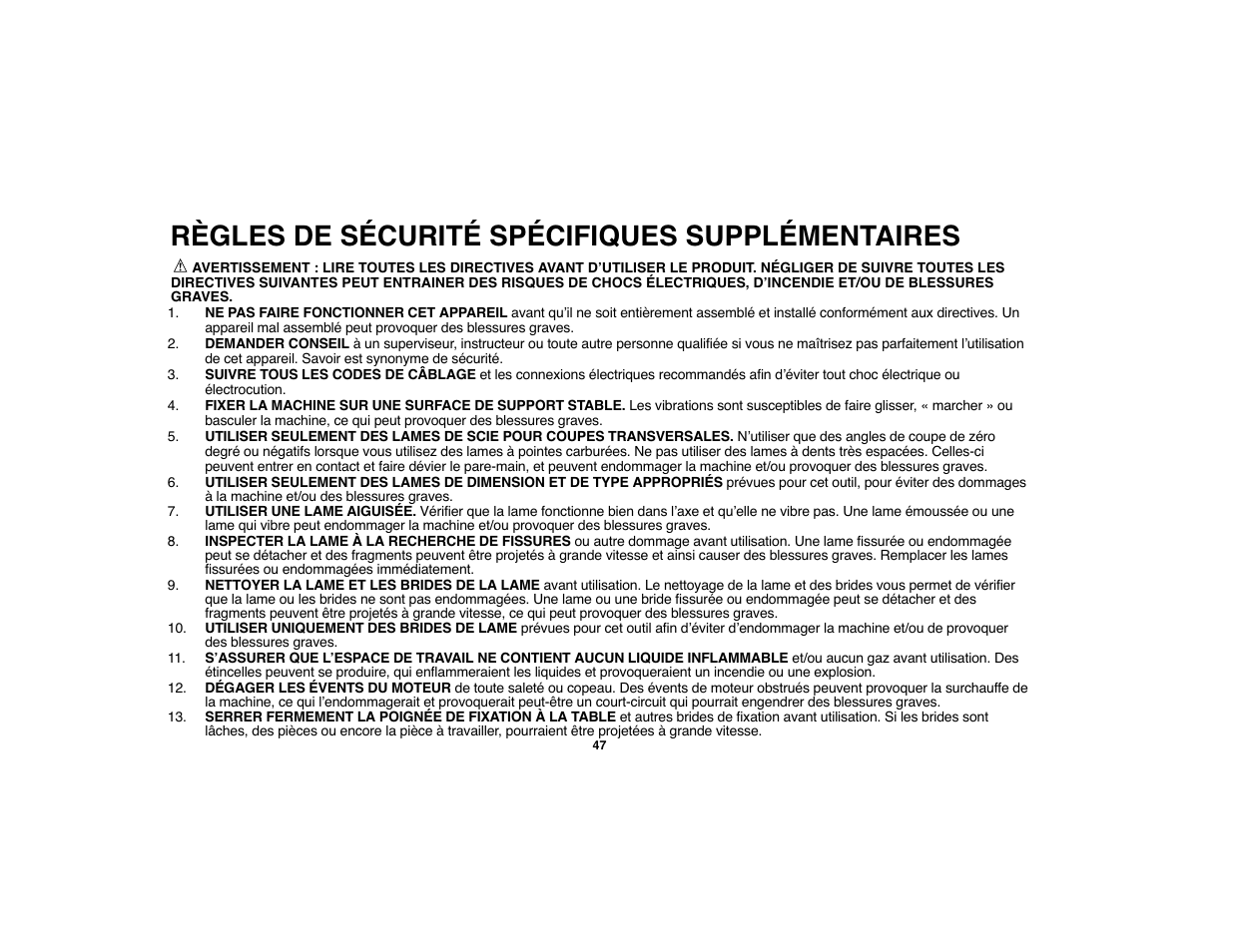 Règles de sécurité spécifiques supplémentaires | Black & Decker 90528012 User Manual | Page 47 / 88