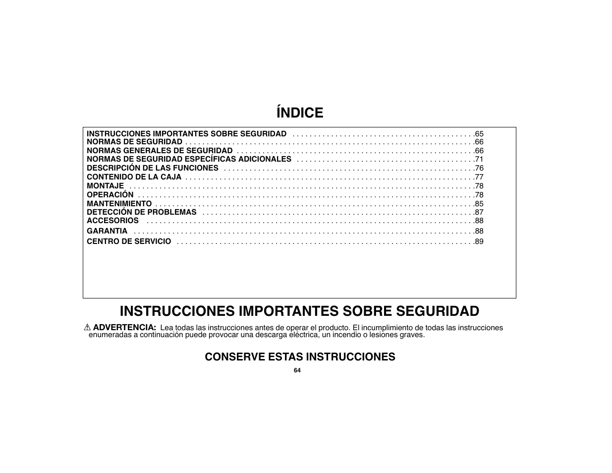 Índice, Instrucciones importantes sobre seguridad | Black & Decker 90528012 User Manual | Page 64 / 88