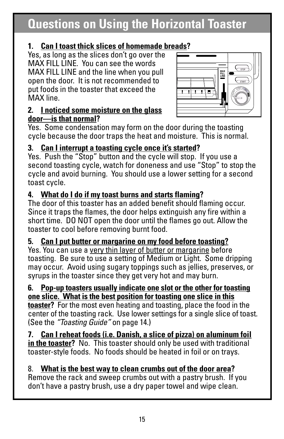 Questions on using the horizontal toaster | Black & Decker T1000 User Manual | Page 15 / 24