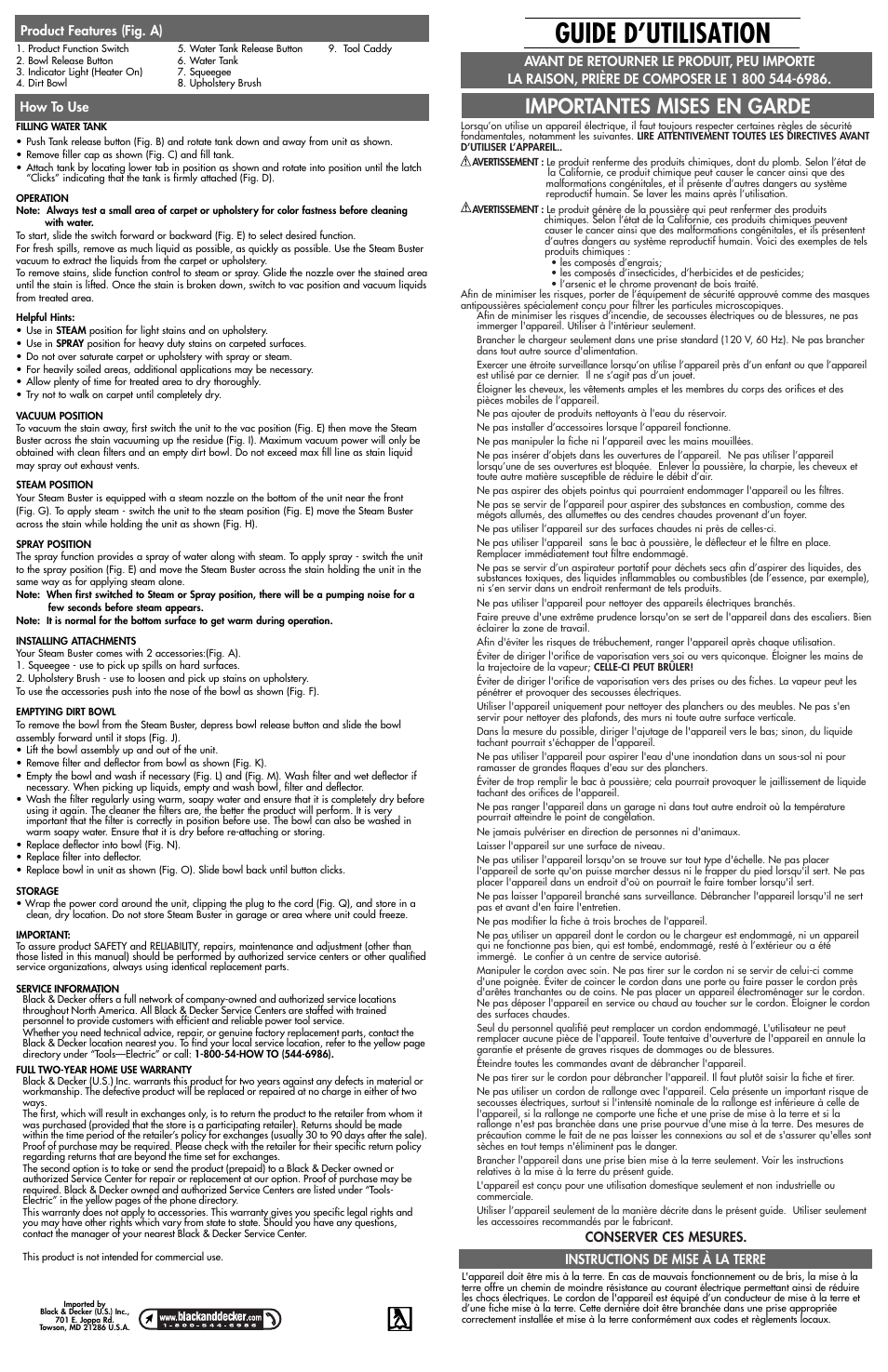 Guide d’utilisation, Importantes mises en garde, Conserver ces mesures | How to use | Black & Decker SteamBuster 612736-00 User Manual | Page 2 / 4