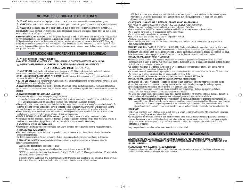 Conserve estas instrucciones, Normas de seguridad/definiciones, Instrucciones importantes sobre seguridad | Black & Decker ELECTROMATE 500 User Manual | Page 6 / 8