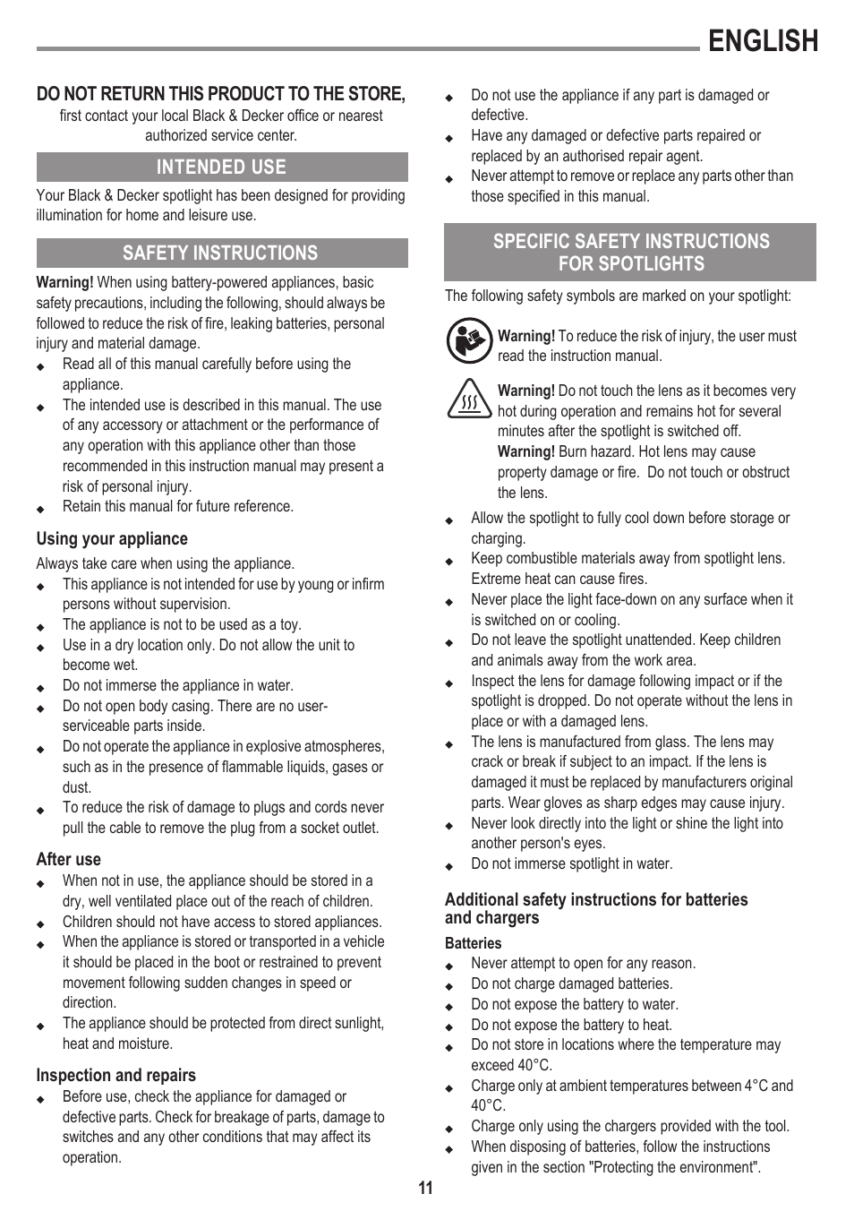 English | Black & Decker BSL301 User Manual | Page 11 / 14